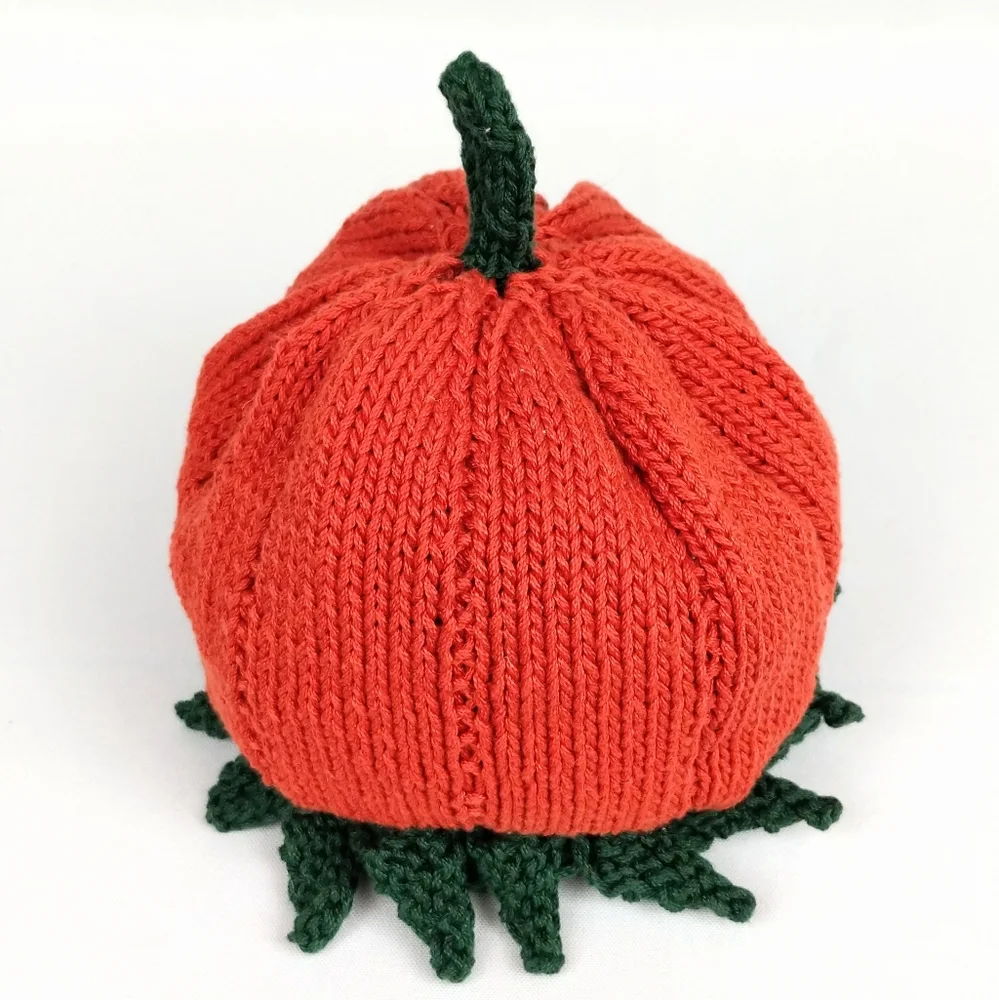 Kid's Hand Knit Hat Pumpkin Fairycore Halloween Stretchy Orange Green Naturecore